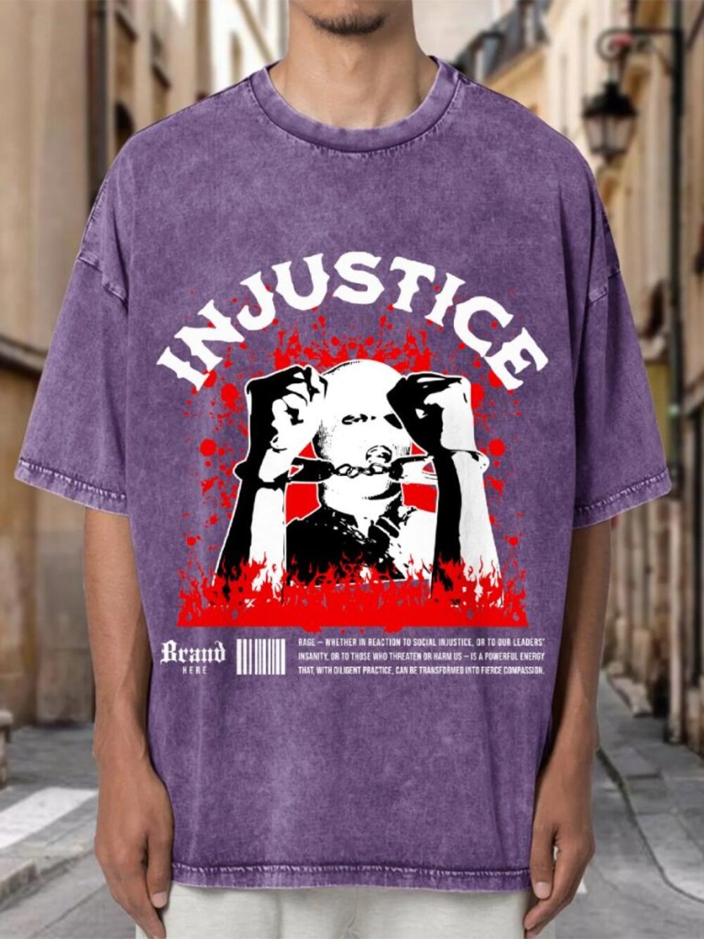 INJUSTICE Streetwear Purple Mineral Wash Oversized T-Shirt AGMHCKLDFN04